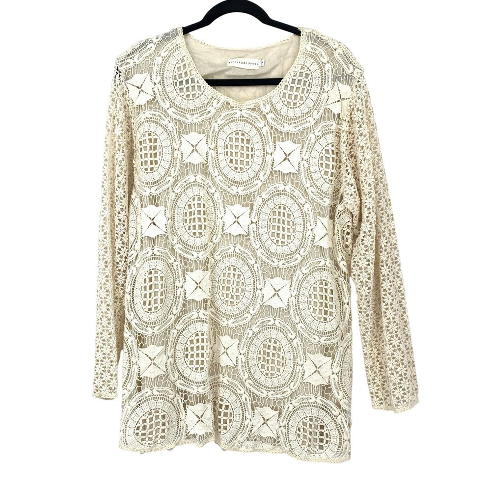 Johnny Was 4LoveAndLiberty Shirt Womens L Cream Medallion Lace Overlay